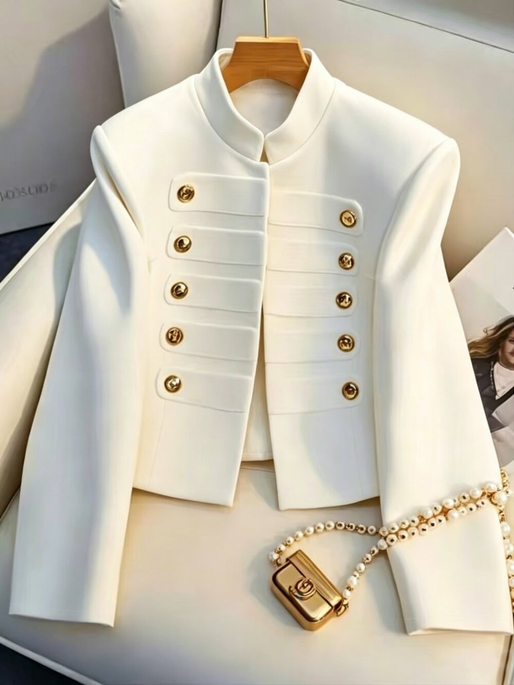 White Casual Women's Stand Collar Double-Breasted Button Cropped Blazer Jacket